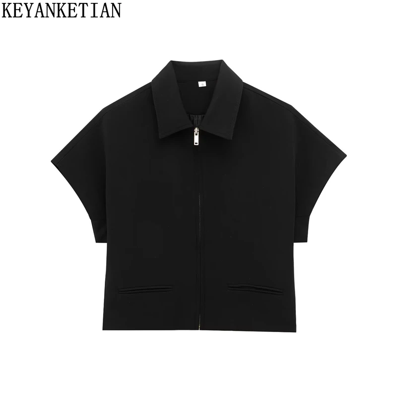 

KEYANKETIAN 2025 Summer New Women's Zipper Decorated Polo Collar Short Sleeve Shirt Black Leisure Style Loose Blouses Crop Top