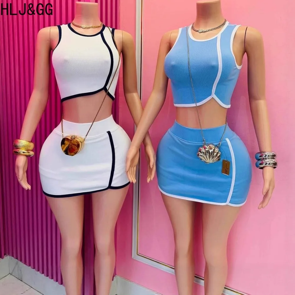 

HLJ&GG Fashion Stripe Ribber Mini Skirts Two Piece Sets Women Sleeveless Slim Crop Top And Skirts Outfits Sexy 2pcs Streetwear