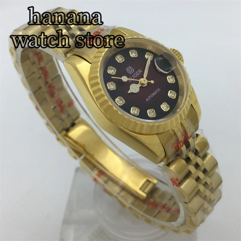 Bliger นาฬิกาทอง26มม. หรูหรานาฬิกาผู้หญิงญี่ปุ่น NH05หน้าปัดเพชรส่องสว่างด้วยมือกระจกแซฟไฟร์