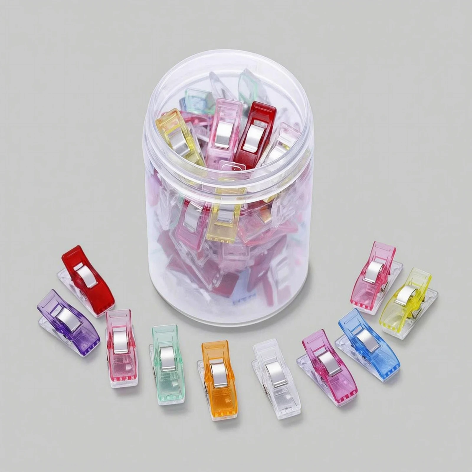 50 Pieces Sewing Clips with Storage Jar Translucent Clips with Flat Bottom Transparent Wide-Opening for Quilters, Quilting