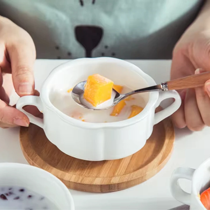 Ceramic Double-ear Bowl LOGO Breakfast Steamed Egg Cup Western Food Sugar Water Dessert Bowl White Borscht Bowl