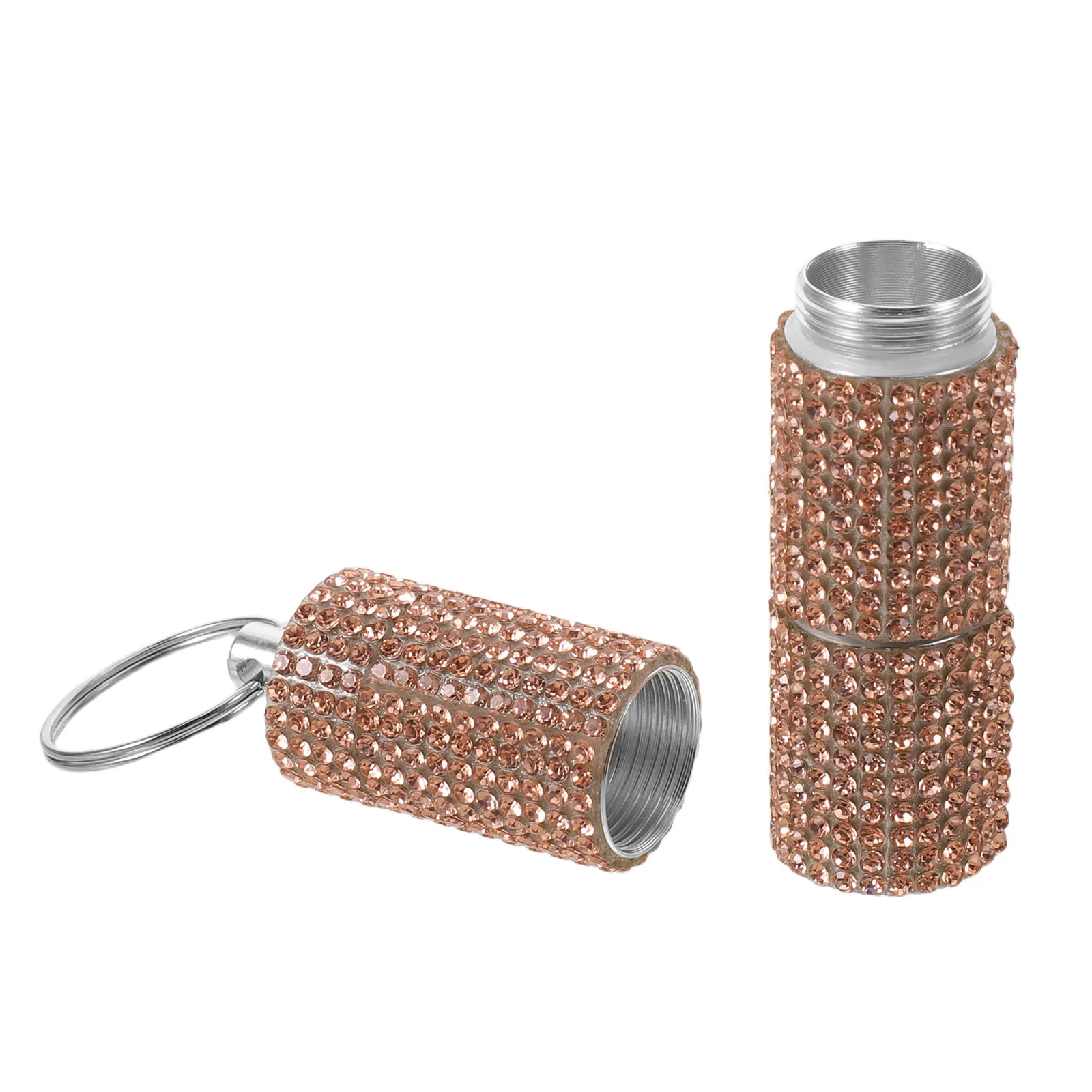 Rhinestone Pill Container Keychain 3-Compartment Portable Screw-on Waterproof Pill Organizer for Travel Outdoor Camping Daily
