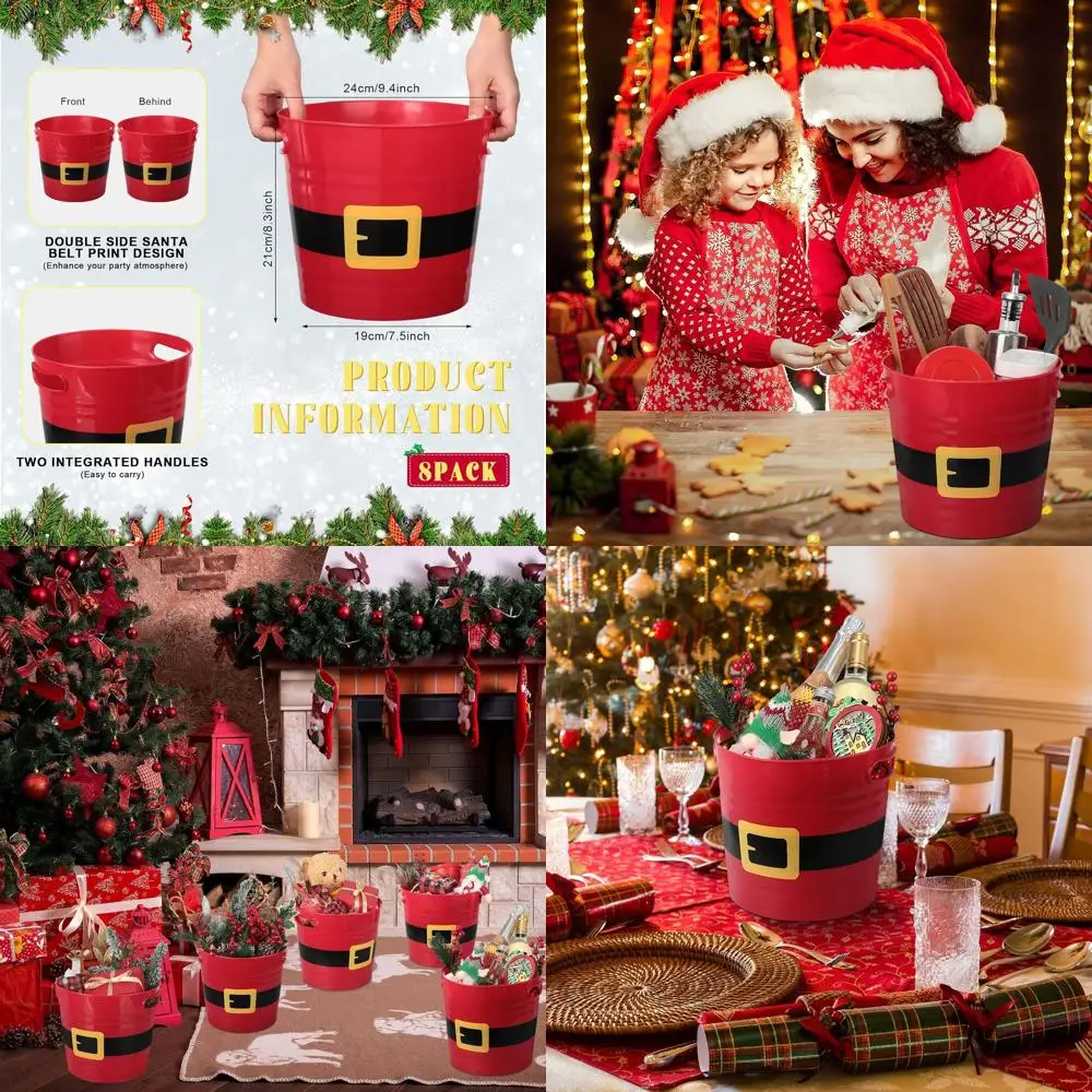 

Red Santa Belt Christmas Plastic Buckets with Handles, 8 Pack, Round Baskets for Multi-Purpose Use, Ideal for Decorations, Candy