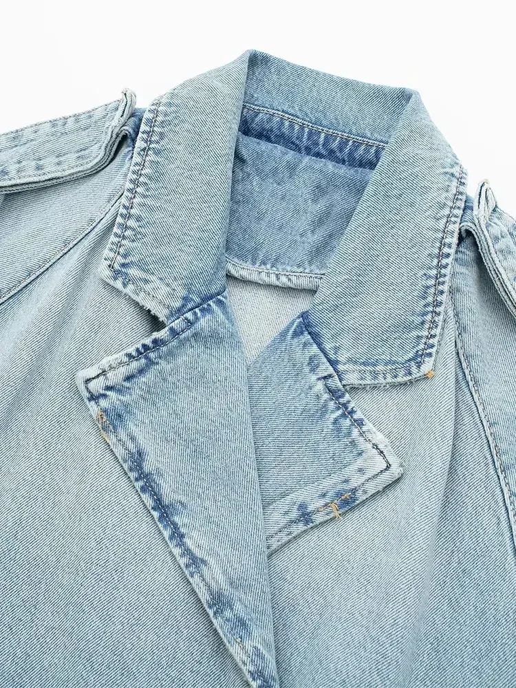 Spring Lapel Notched Collar Washing Blue Denim Jacket Vintage Women Hem Buckle Belt Draped Jean Coat Cool Outerwear 3 Color