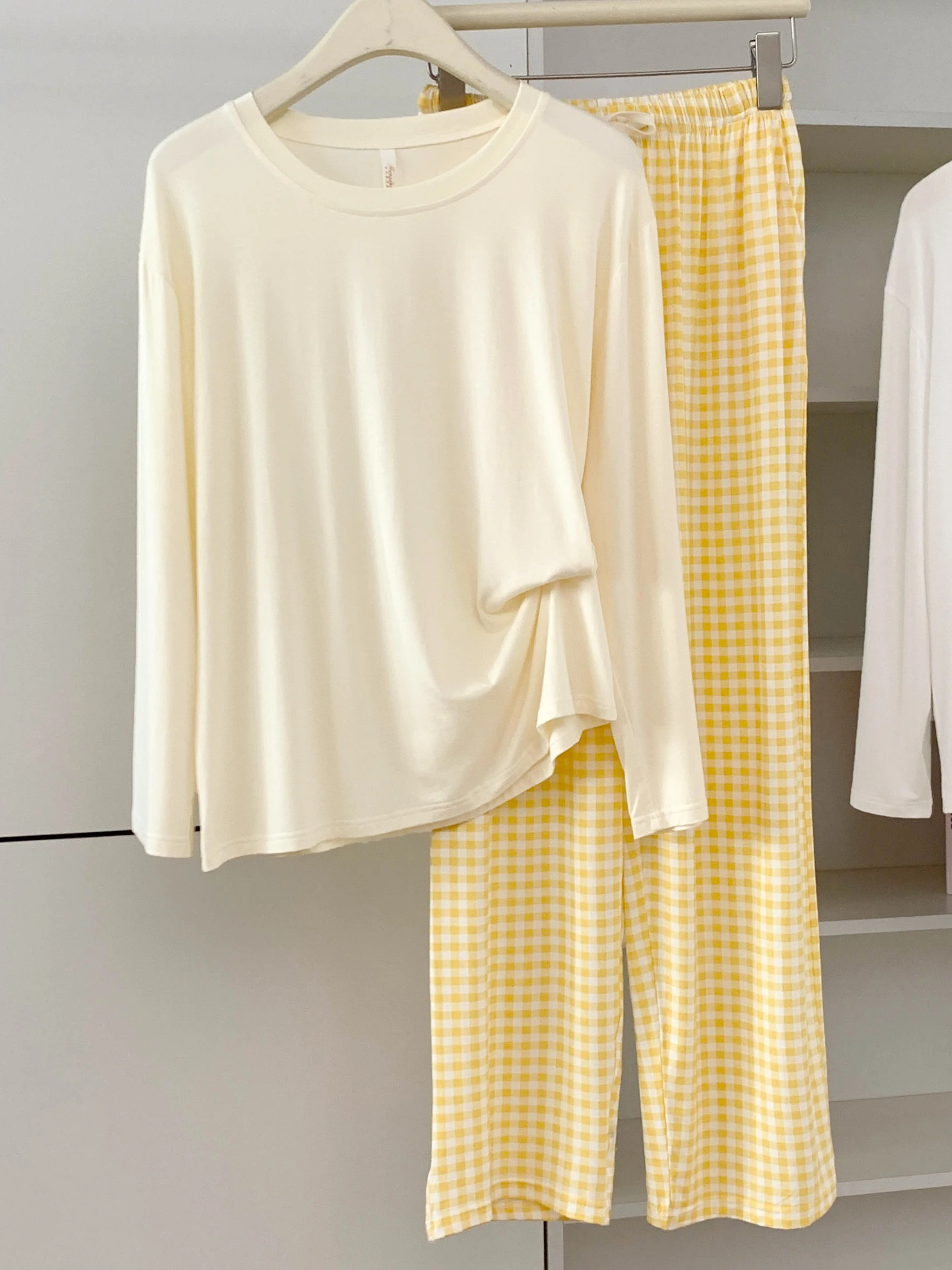 

5187 Modal Cotton Long-Sleeved Long Pants Plaid Pajamas for Women Spring and Autumn Thin Loose Casual Breathable Comfortable Home Wear Set 550