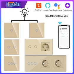 Bingoelec Wifi Wall Touch Switch with Socket EU Smart Light Switch Gold 1 2 3 Gang 2/3way Tuya Smart Home Support Alexa Google