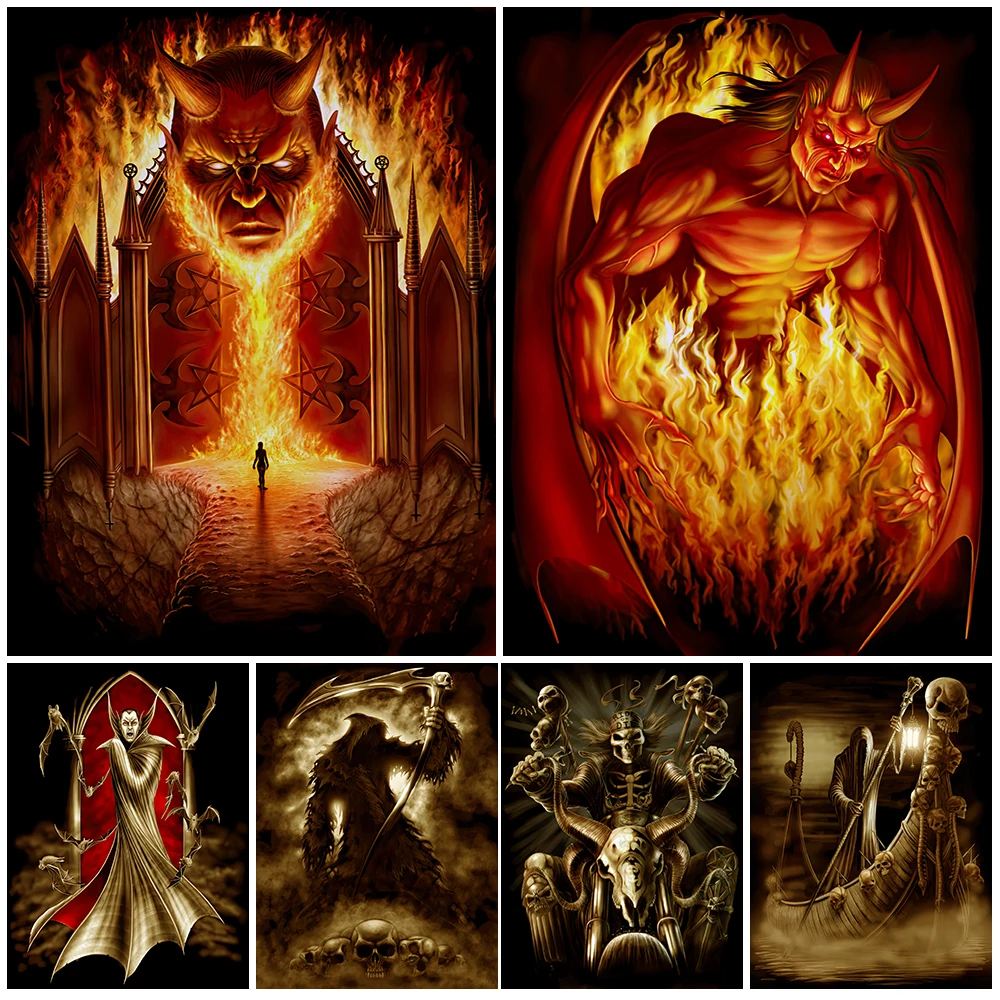 Gates Of Hell And Satan Vintage Wall Art Canvas Painting Gothic Vampire And Bloody Moon Art Poster Print For Living Room Decor