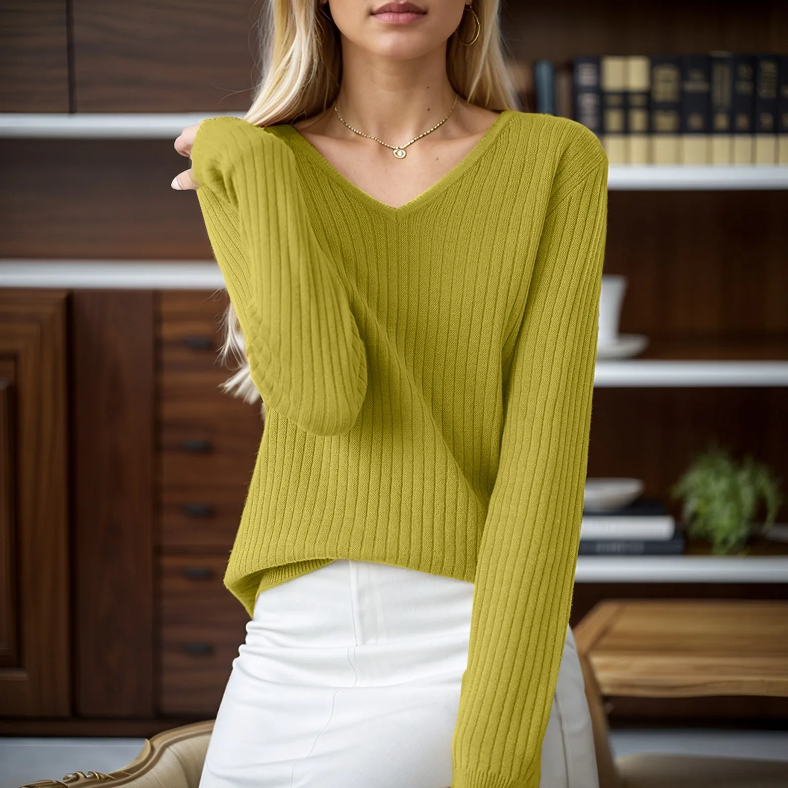 Solid Color V Neck 2024 Ribbed Knit Pullover Tops Fall Long Sleeve Tunic Sweaters Women Soft Classic Casual Lightweight Sweater