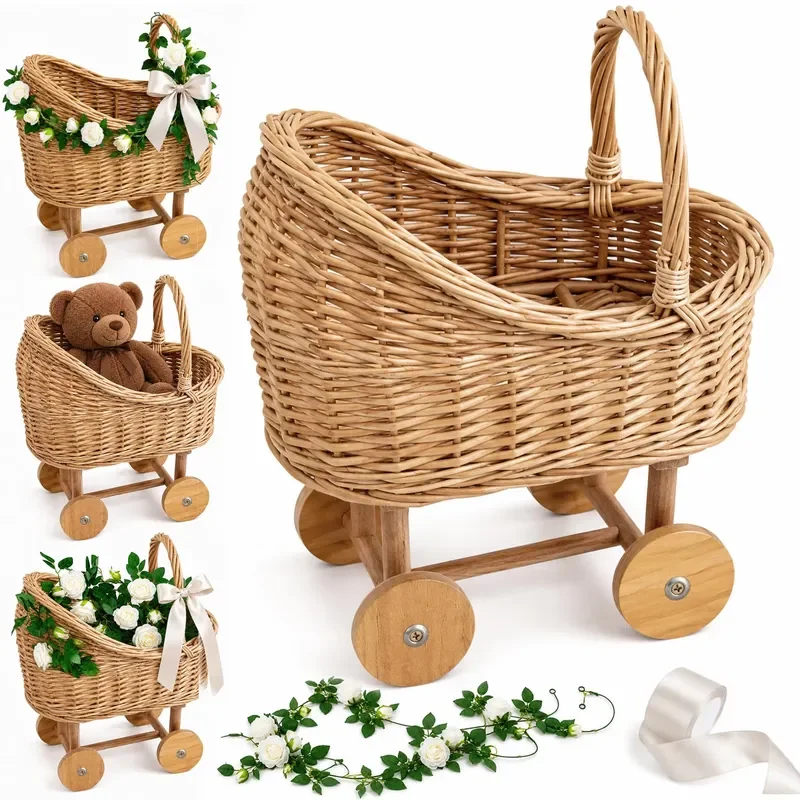 Handmade Wicker Stroller Basket with Handle Natural Rattan Baby Carriage Decor Floral Pattern for Wedding Party Gift Natural