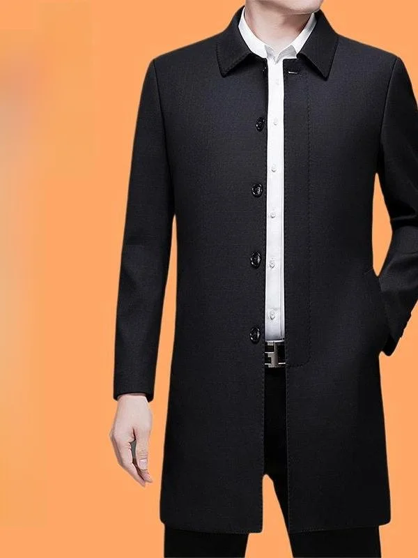 

Новое осеннее мужское шерстяное пальто средней длины с повседневным воротником, деловой стиль, для мужчин среднего возраста, на пуговицах