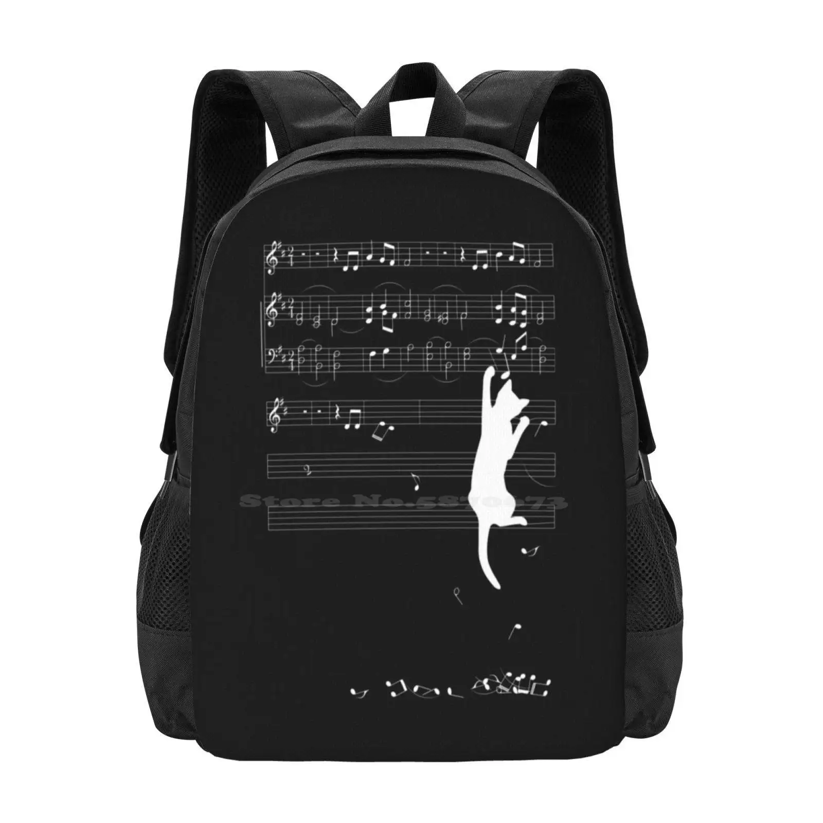 Mischief ( White ) Pattern Design Bagpack School Bags Cat Music Sheet Mischief Playing Mess Climbing Funny Cute Surreal Irony