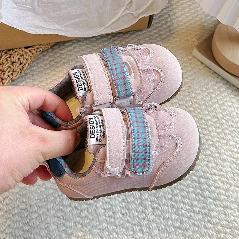 Toddler Girls Lace Plaid Strap Sneakers Double Magic‑Tape Soft Rubber Sole Casual Walking Shoes