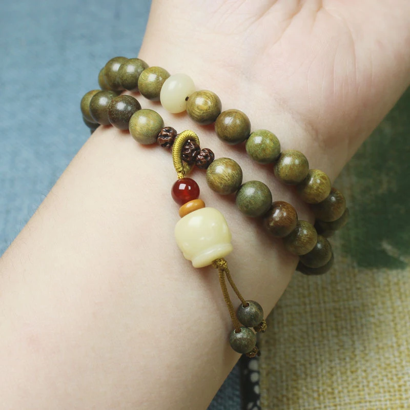 Green Sandalwood 8mm Double-Layer Bracelet with Milk Can Pendant, Unisex Decorative Jewelry 5