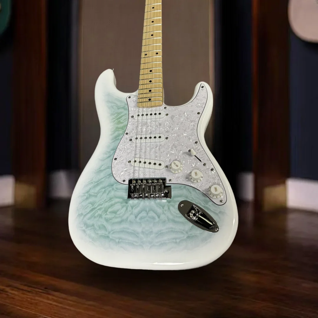 

Free Shiping Water Green ST 6 Strings Electric Guitar SSS Pickups White Pearl Guard Maple Fretboard 21 Frets Guitarra Upgrade