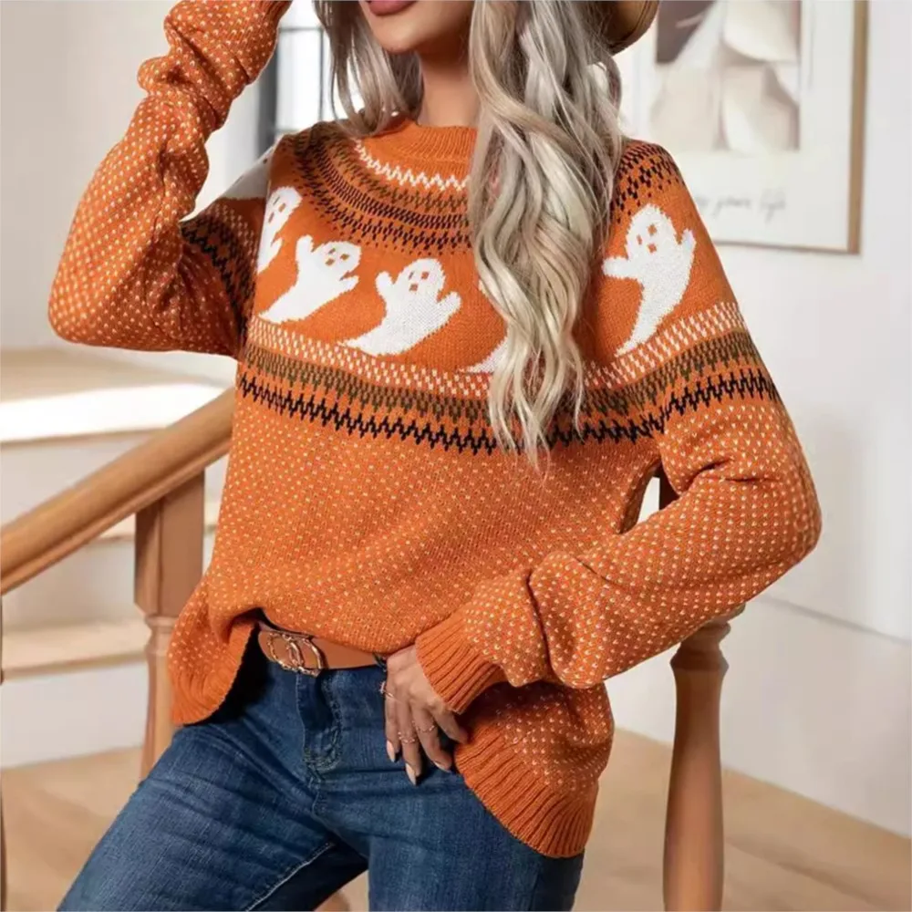 Autumn Winter Knitted Sweater Halloween Ghost Pattern Knitwear Retro Vintage Long Sleeve Women's Pullover Top Y2K Clothes