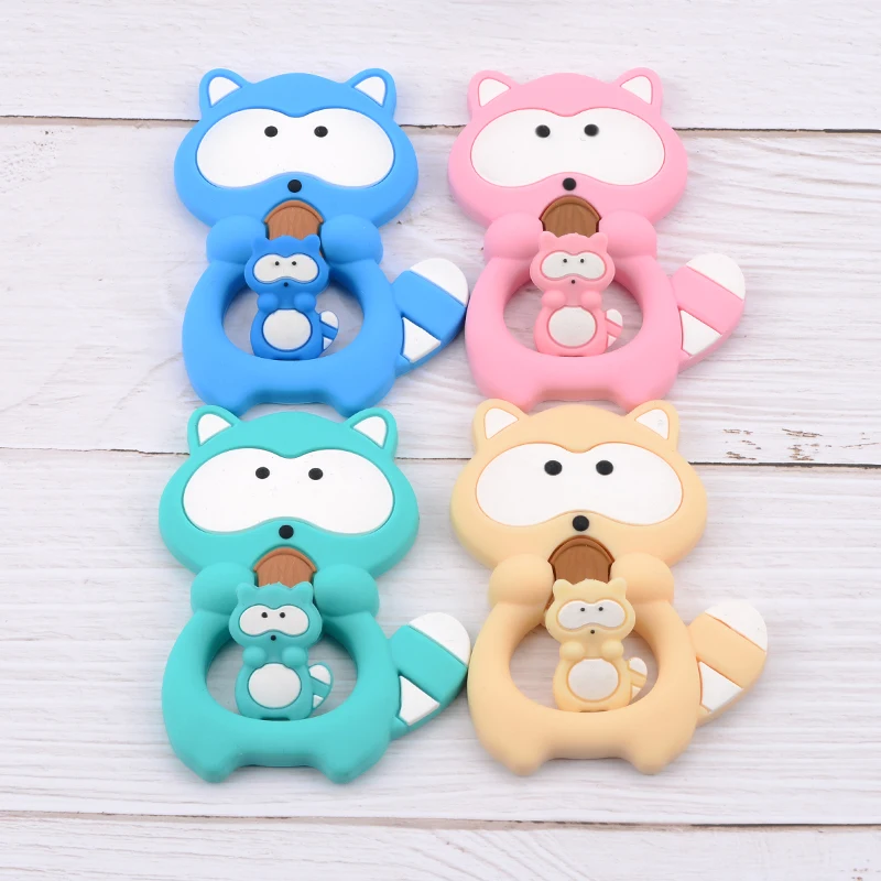 1PC Raccoon Silicone Teether Toys Necklace Accessories Infant Chew Toys Raccoon Silicone Beads Soft teether DIY Baby Teething