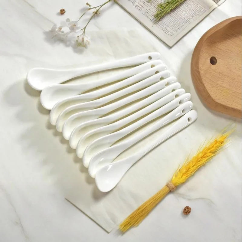 10-piece set, plain white bone china, small teaspoon tea spoon, mini ceramic coffee spoons, coffee scoops,  for ice cream