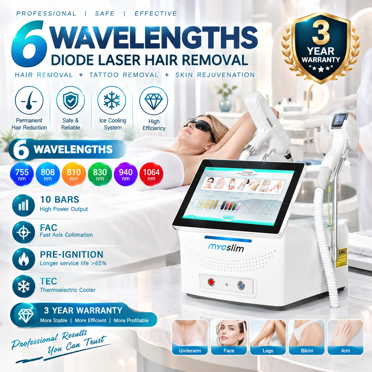 NEW Professional FAC 2 IN 1 Diode Laser 6000W Hair Removal Machine Pico Q Switch ND YAG Tattoo Removal Machine 6 Waves 808NM
