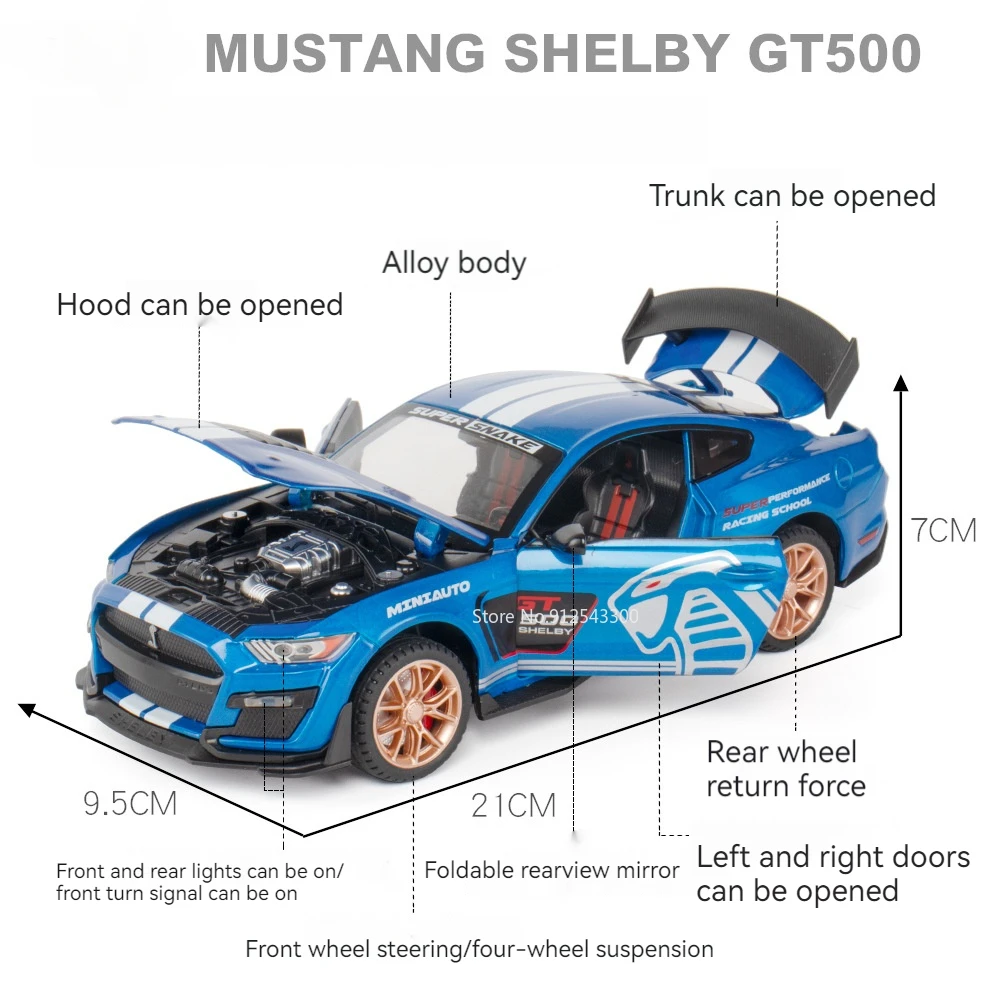 1/24 Scale Mustang Shelby GT500 Car Model Toy Alloy Body Shock Absorption Racecar Models Sound Light Pull Back for Children Gift