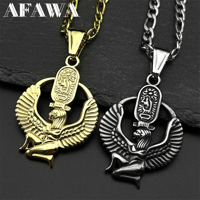 

Egyptian Isis Goddess of Life Symbol Necklace for Women Men Stainless Steel Gold Color Mystery Cartouche Amulet Chain Jewelry