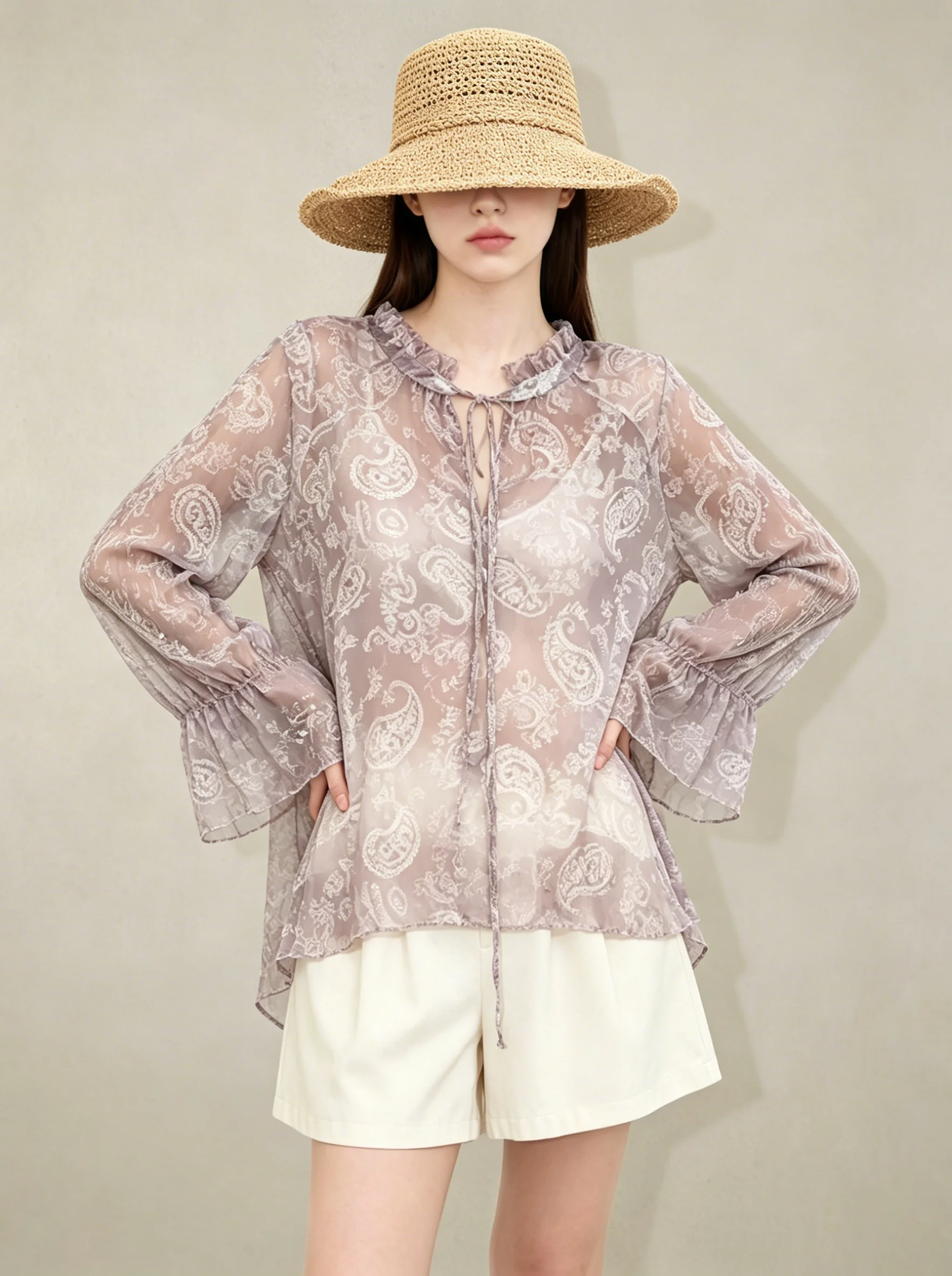 

Purple Waistnut Print Semi-Transparent Belted Shirt Women's Style Casual Loose Fit Long Sleeve Floral Design Summer New Arrival