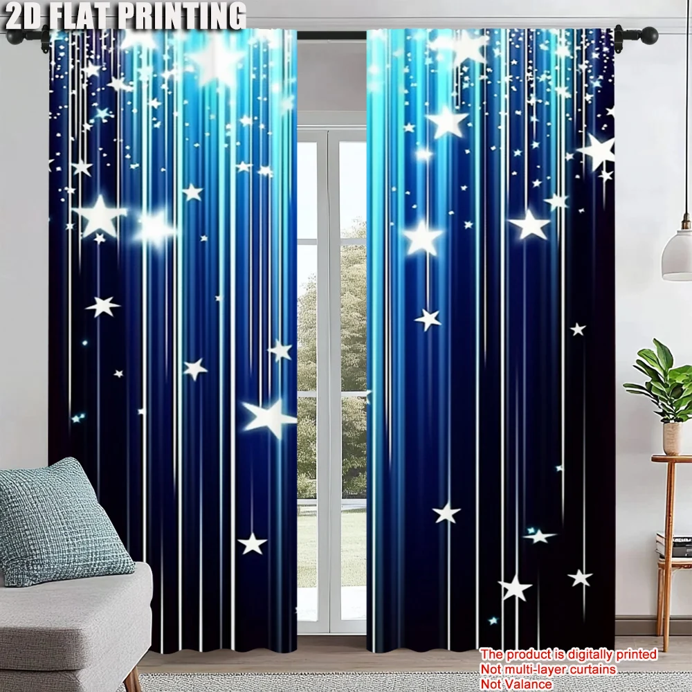 

2Pcs Starry Night Sky Window Curtain Rod Pocket Polyester Drapes Blue Window Treatment For Bedroom Living Room Office
