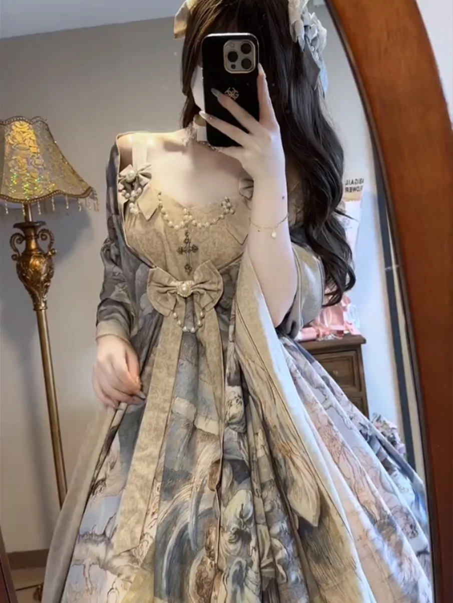 Charming Sweet Retro Style Oil Painting Lolita Dress with Shawl Strap Elegant  Lovely Soft Girl Costume Fashion