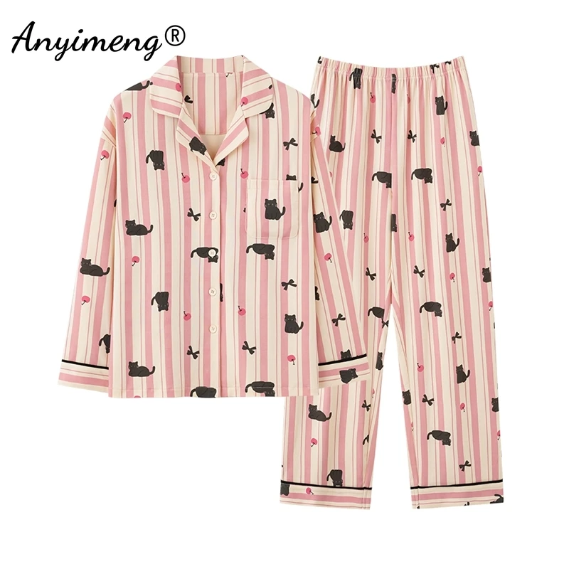 Autumn Winter Faux Cotton Nightwear Lady Long Sleeves Loungewear Women Pajamas Set Elegant Turn-down Collar Sleepwear for Girl