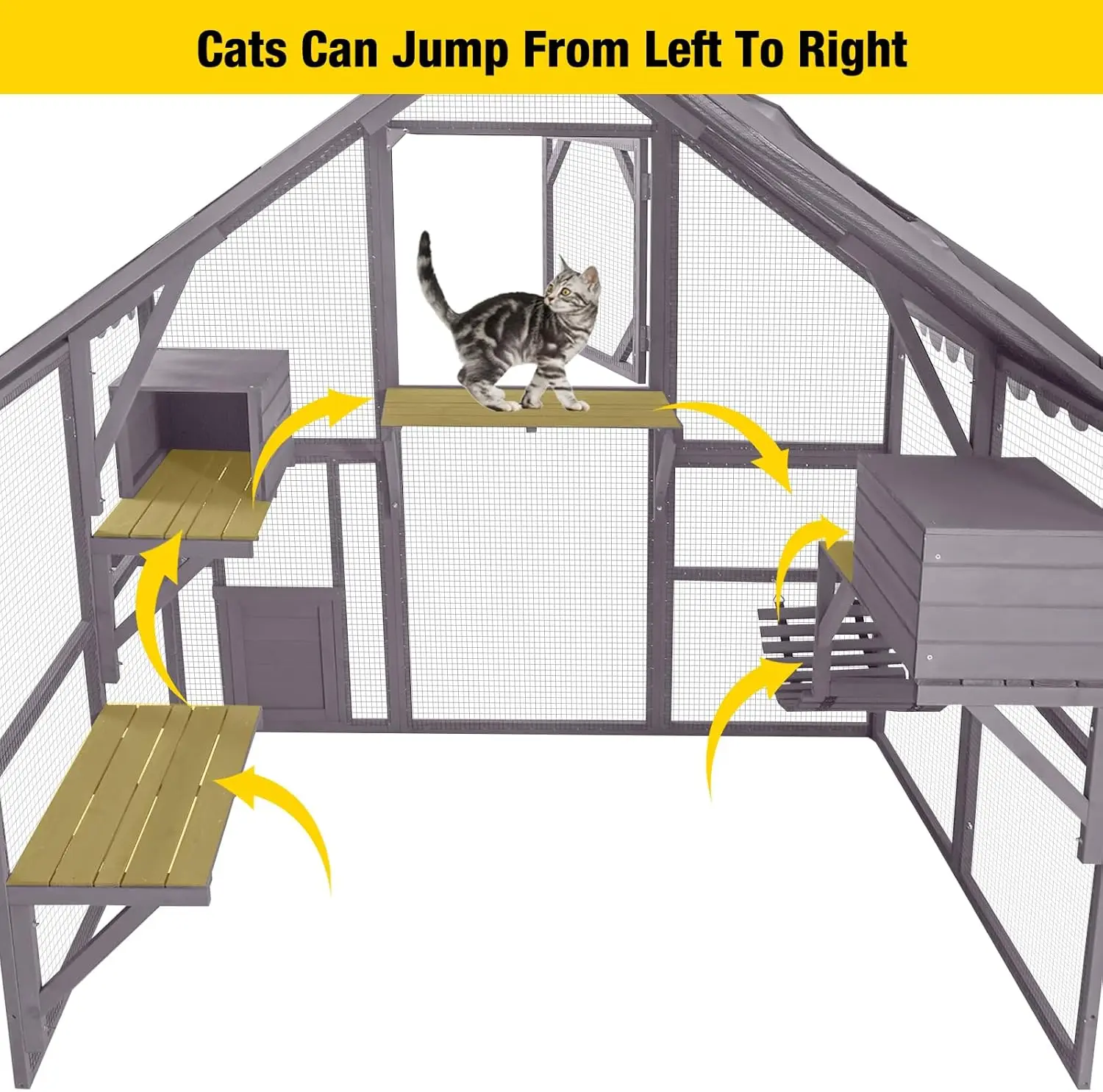 Catio Cat Enclosure Outdoor Cat Catio Large Cat Run with Bridges, Walks, Small Houses, Roof Cover 28.27ft