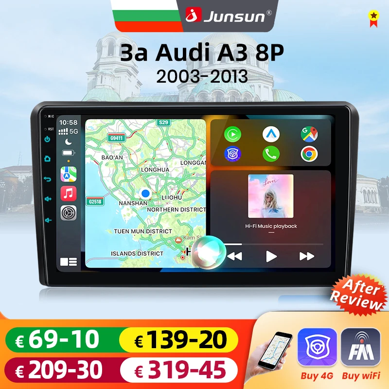 Autoradio Junsun 8 cœurs avec Carplay et Android Auto pour Audi A3 8P S3 2003-2012, 4G WiFi, GPS, Navi, multimédia, RDS, DAB, DSP