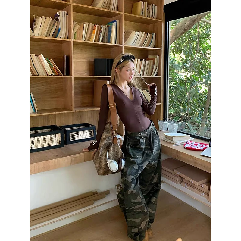 ZHIZOU 2025 الخريف المرأة التمويه البضائع الجينز Harajuku Y2k فضفاض سراويل جينز السراويل الجمالية خمر 2000s الملابس القمامة #4