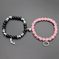 2Pcs/Set Gothic Silver Color Cat Bat Bead Bracelet Creative Heart Magnetic Matching Couple Bracelets Women Men Halloween Jewelry