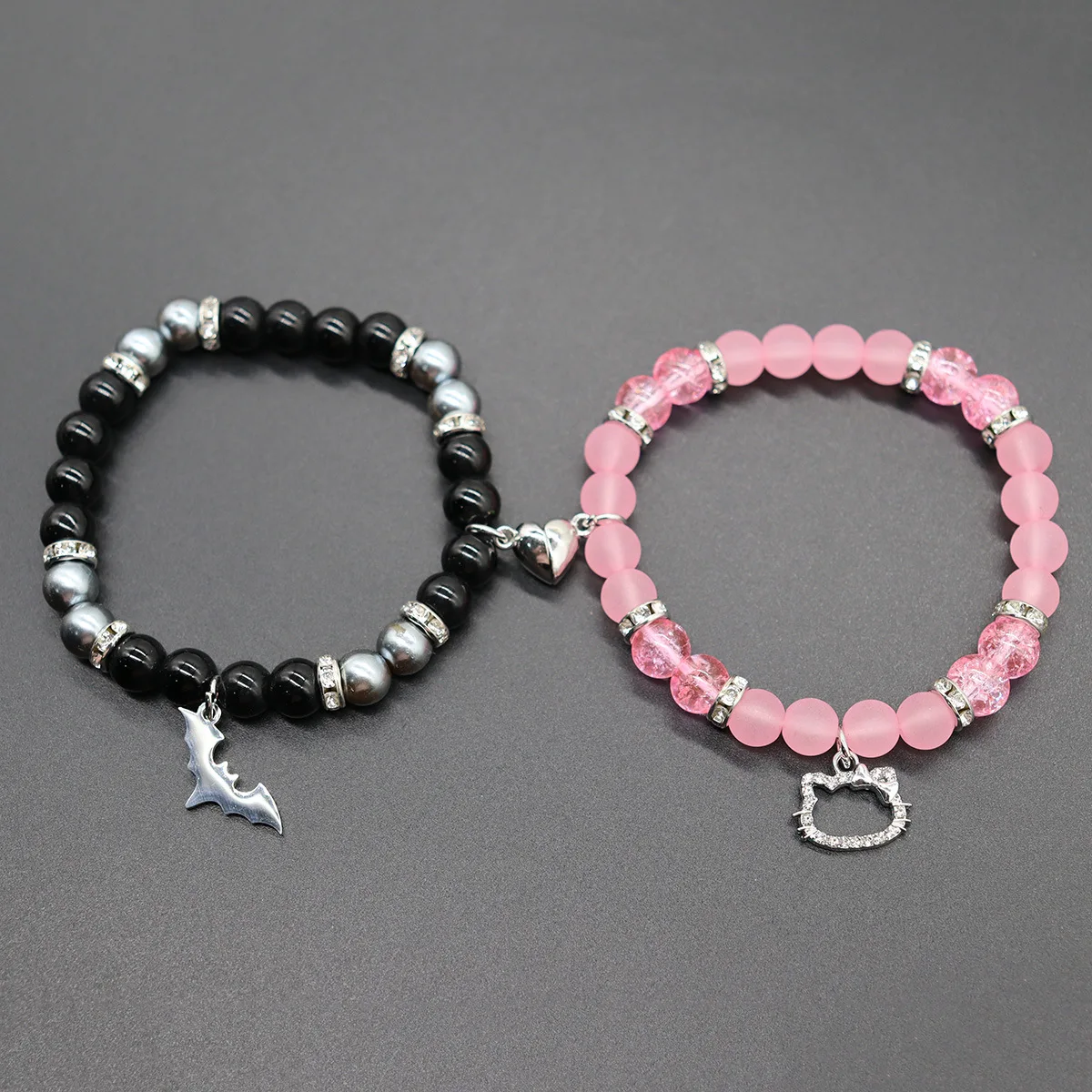 2Pcs/Set Gothic Bat Hello Cat Friendship Bracelets Matching Bracelets for Couples Best Friends Bff Emo Beaded Bracelet Jewelry