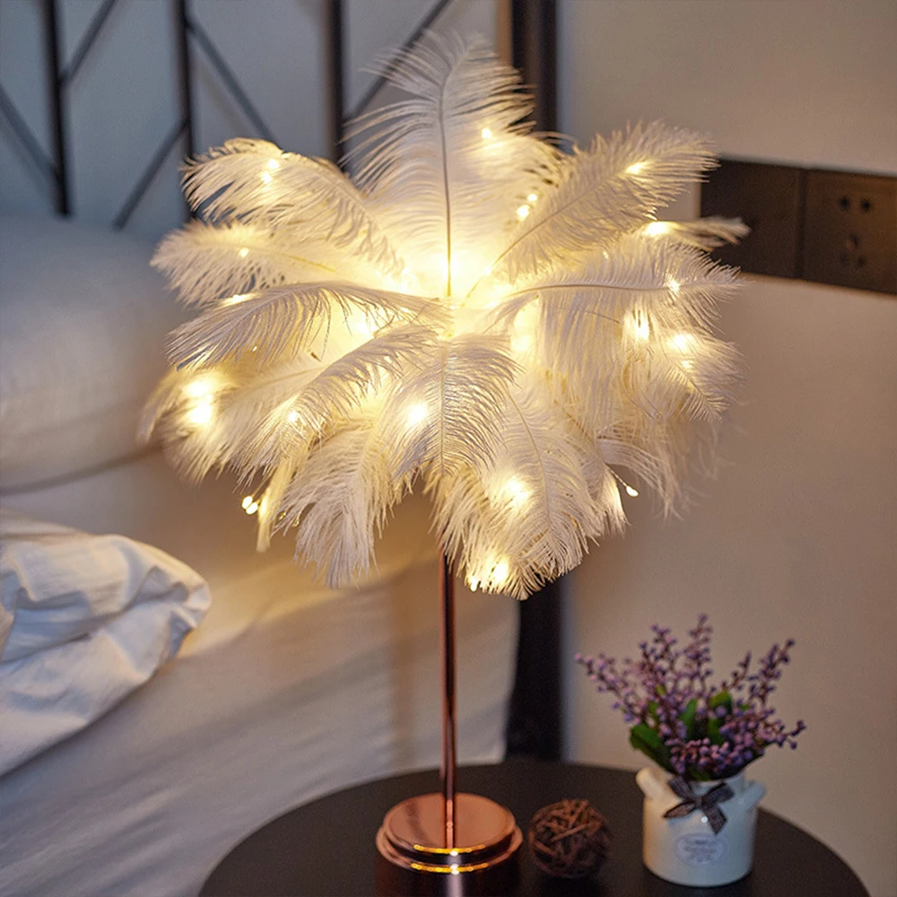 Luz LED nocturna, lámpara de mesa de plumas, lámpara esponjosa, batería recargable por USB, decoración para dormitorio, mesita de noche, boda