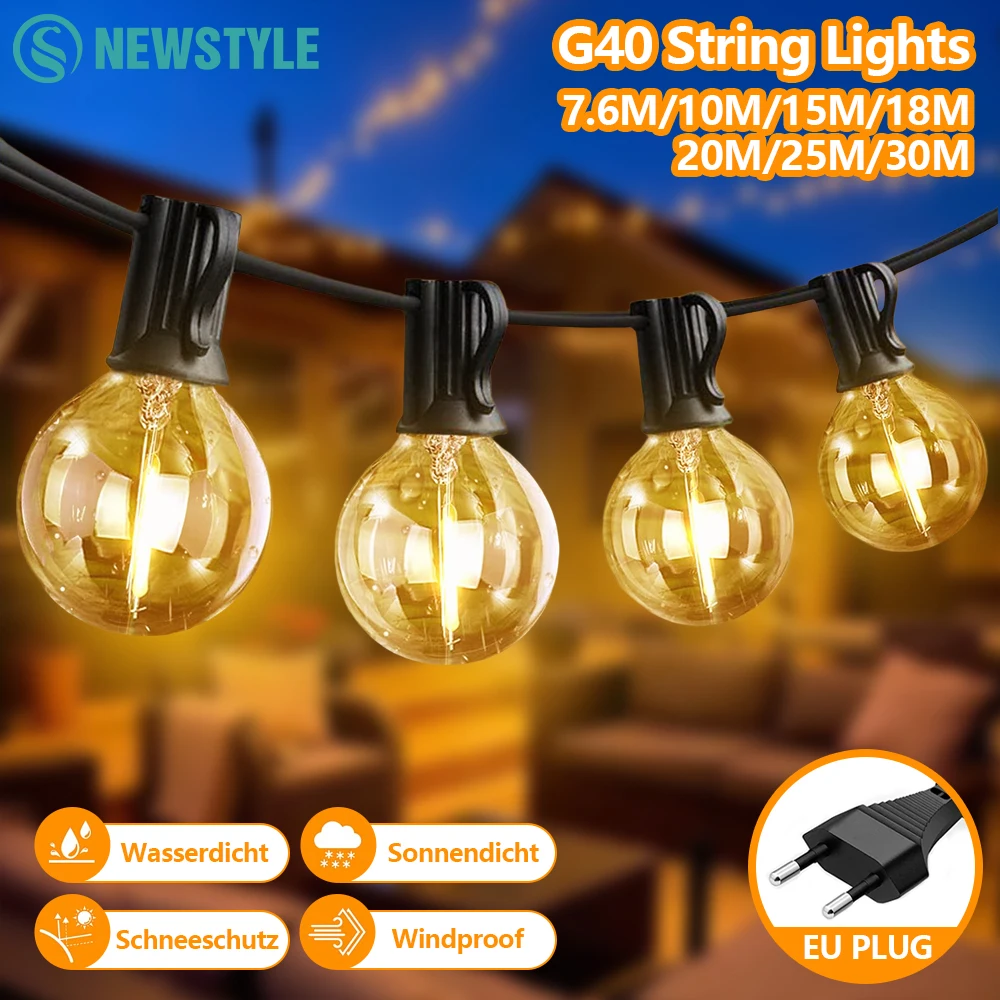 String Lights LED 15 Light Bulbs 10M G40 Globe String Lights Shatterproof Patio Lights for Indoor/Outdoor Commercial Decor Lamp