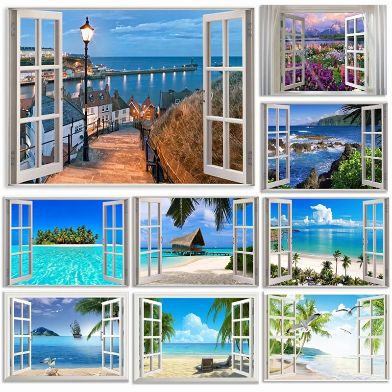 Window Effect Landscape Poster Bedroom Seascape Sea View Canvas Painting and Prints Wall Art Picture for Living Room Home Dec