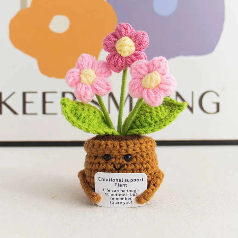 Handmade Crochet Peony Potted Plant with Encouragement Card, Plush Toy, Knitted Flower Pot Desk Home Office Decor Gift