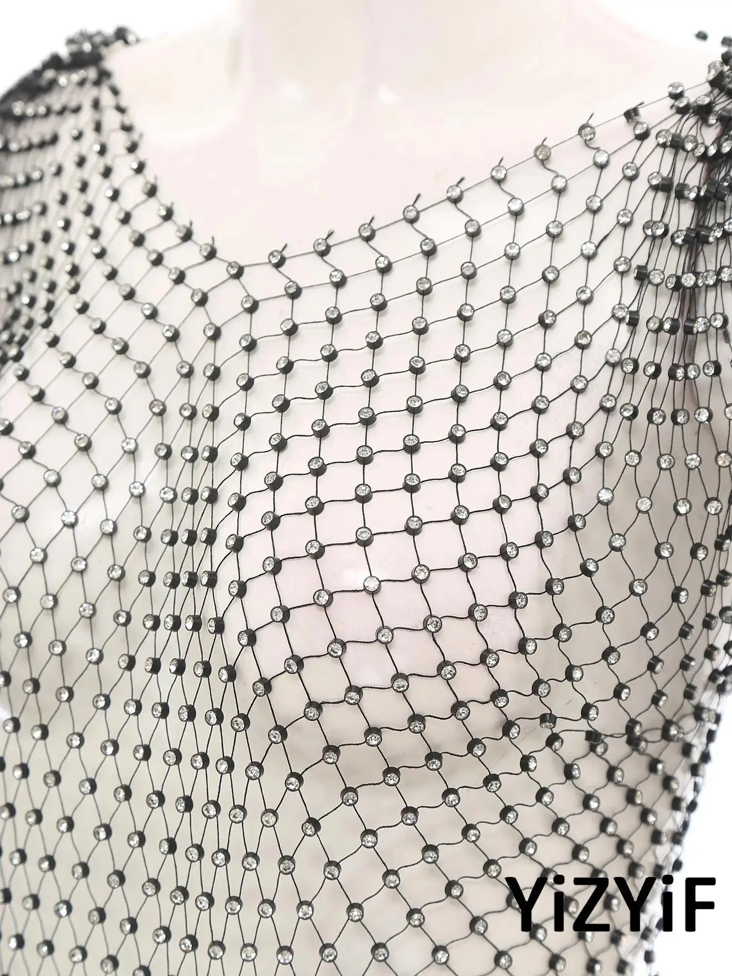 

Women Hollow Out Tassels Sheer Mesh Crop Top Shiny Rhinestone Fishnet Cover Up Top Beach Nightclub Festival Clubwear Rave Party