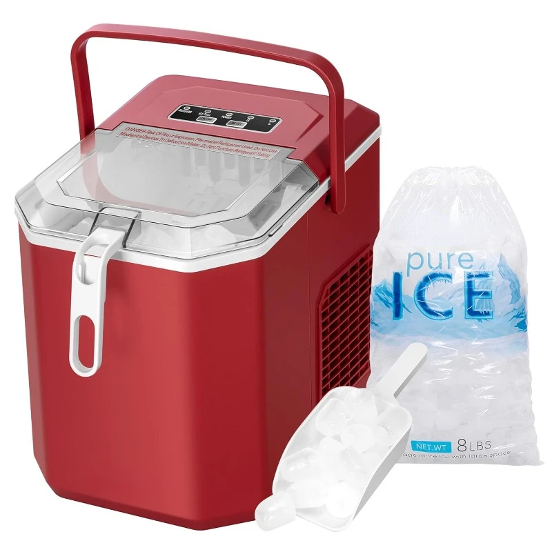 

Electric Portable Compact Countertop Automatic Ice Cube Maker Machine with Handle Hand Scoop 10 Ice Bags and Self Cleaning