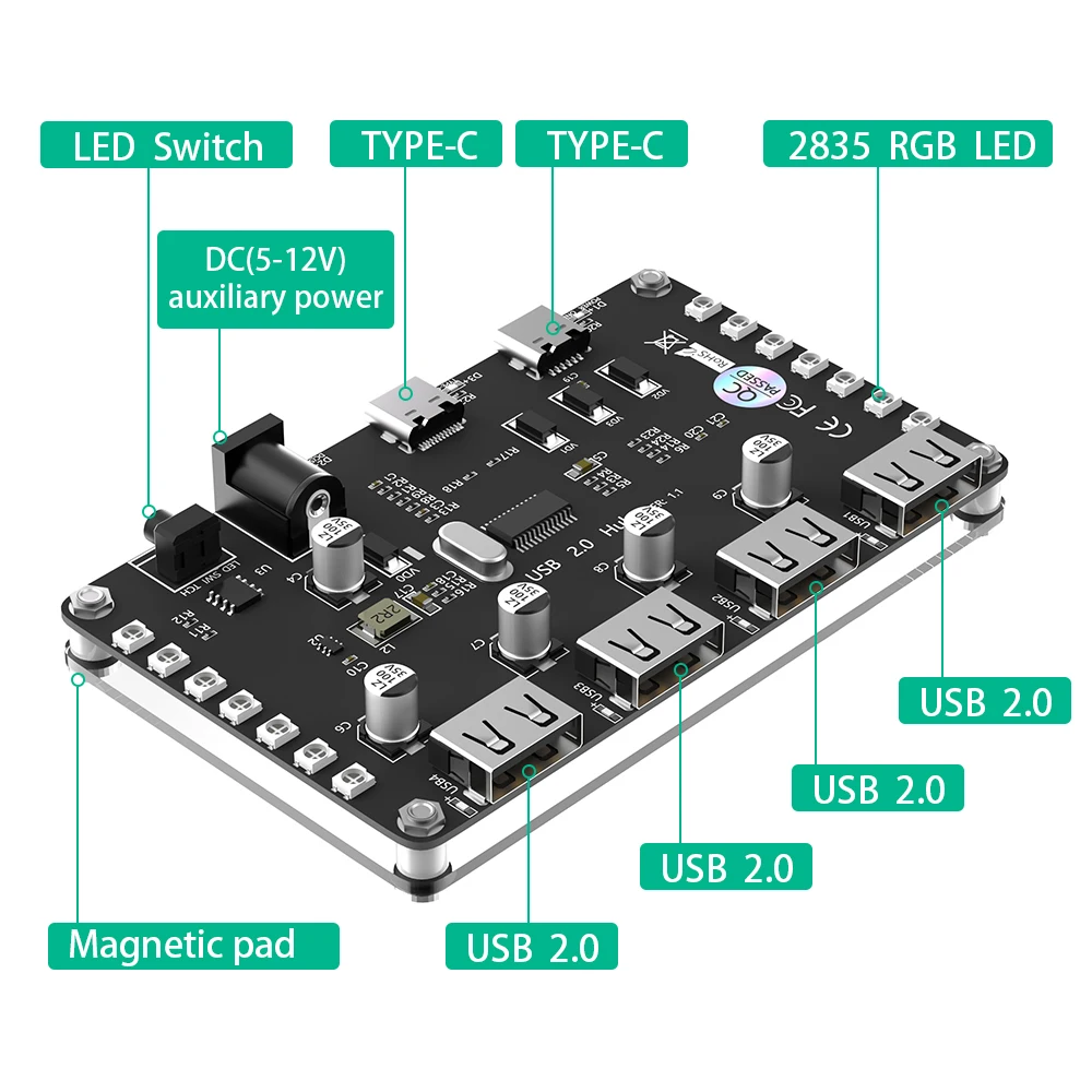 4 Port USB 2.0 Hub z 3528 kolorowe diody LED i pomocnicze zasilanie dla PC, Laptop, klawiatura, mysz, HDDs, dla Windows, Mac OS X,