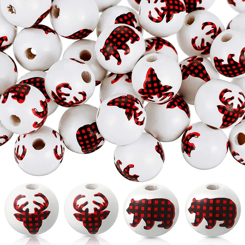 

100 Pieces Buffalo Plaid Christmas Wood Beads Deer Bear Print Rustic Farmhouse Wood Round Beads For Garland DIY Crafts