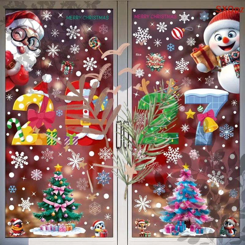 4/5 Sheets Snowman Reindeer Santa: Claus Christmas Tree Static Cling Decals 2027 Merry Window Stickers