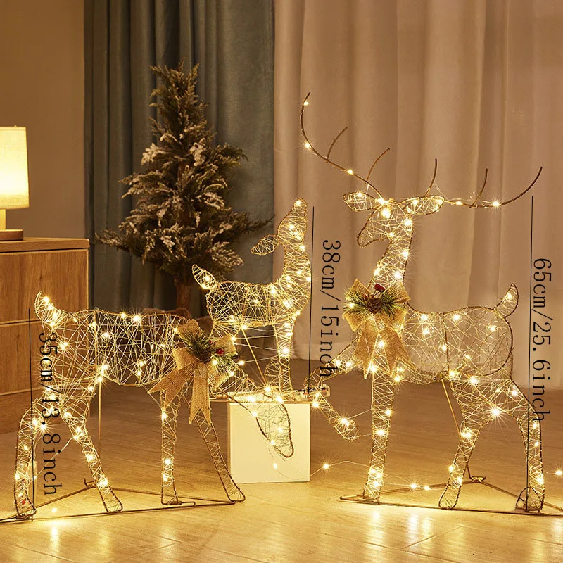 3 PCS Garden Lights String 2D Metal Iron Reindeer Outdoor Christmas Eve Decorations For Courtyard Holiday Indoor Home Decor