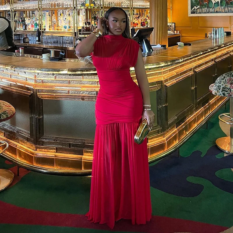 Abito lungo aderente con volant increspato patchwork trasparente sexy da donna anche discoteca celebrità senza maniche o-collo tubino abito da ballo di fine anno