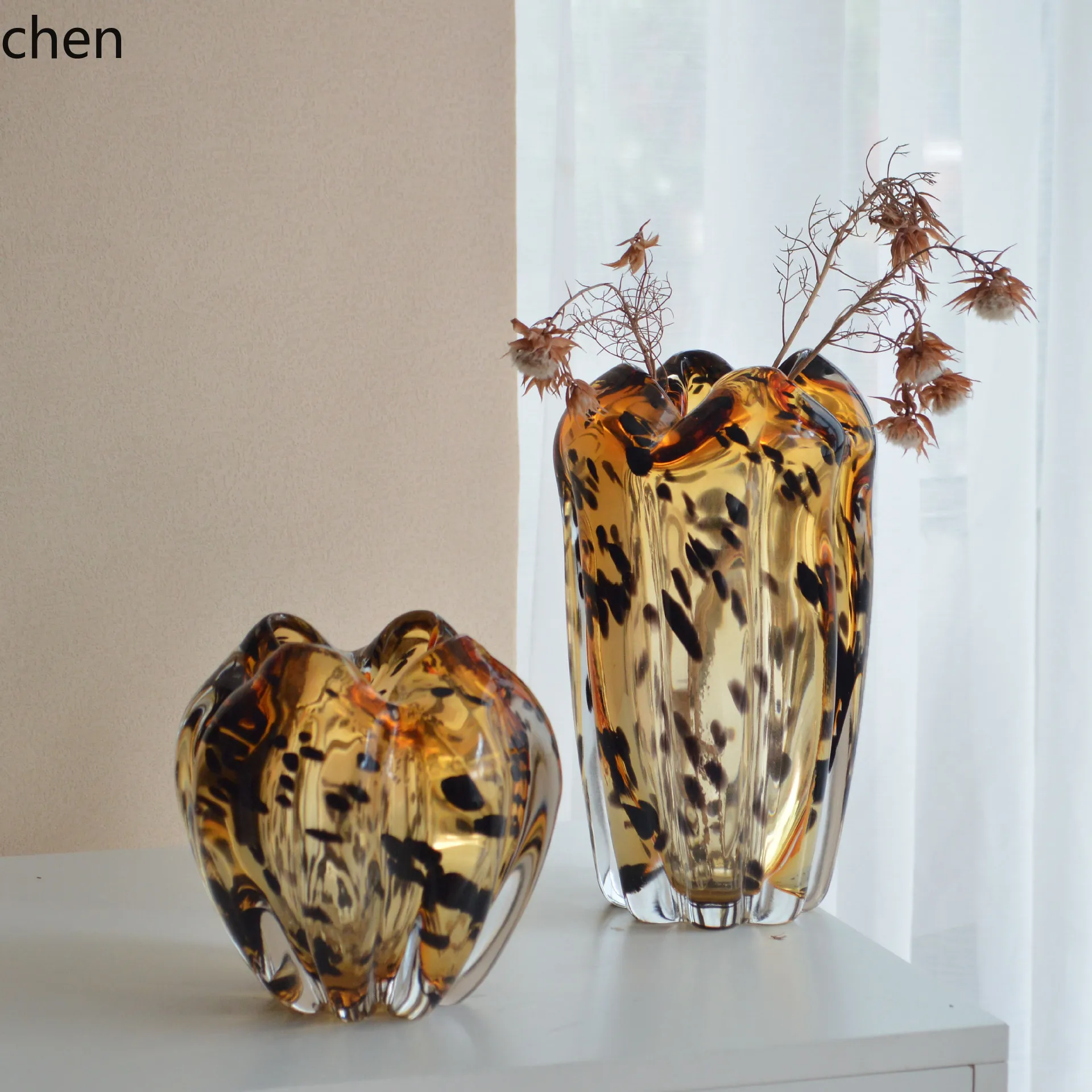 YFY  light luxury glazed glass vase brown leopard print transparent water clock  arrangement living room model room ornaments
