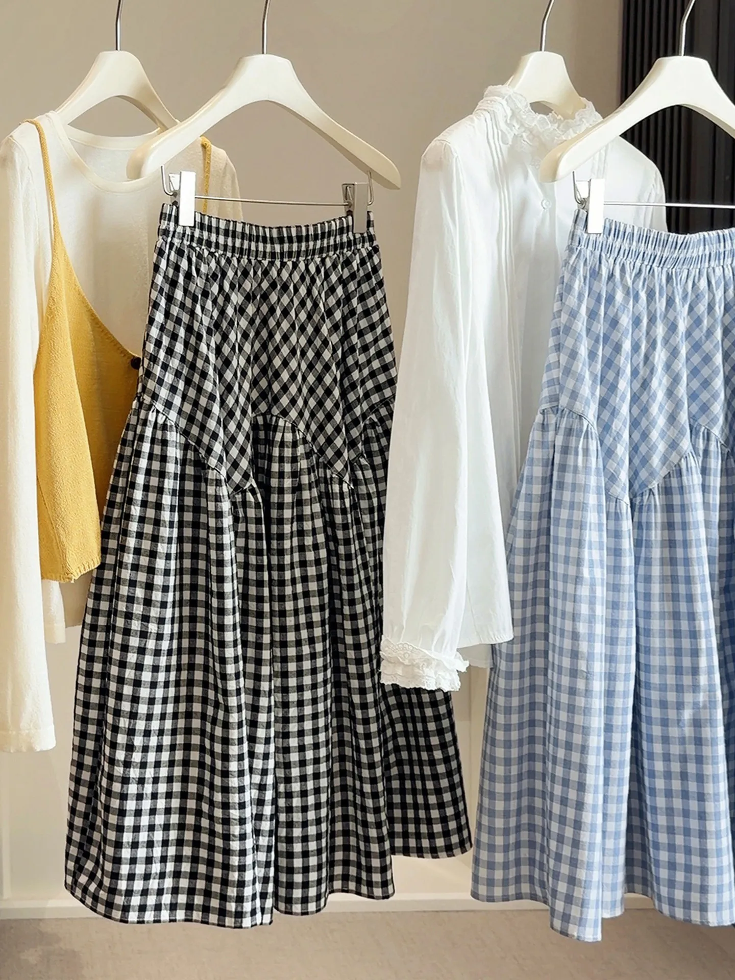 Chic Design Campus Plaid Mini Skirt for Women Black A-Line Midi Skirt School Uniform Style Small Size Checkered Gingham Skirt