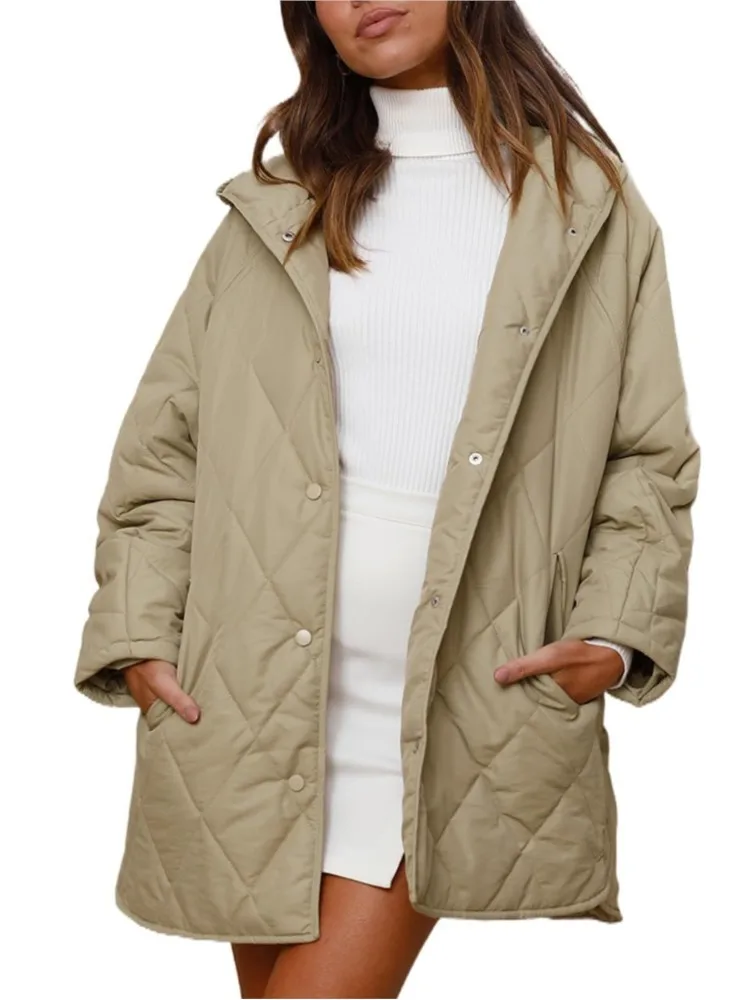 

New Fashion Diamond Quilted Hooded Long-sleeved Jacket Women 2025 Winter Casual Solid Color Pocket Padded Jacket Cardigan Coats