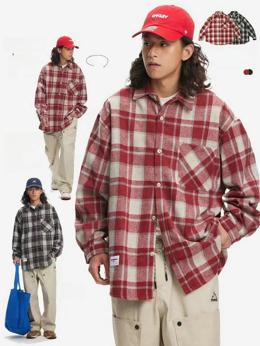 

Утепленная фланелевая рубашка в клетку с длинным рукавом, повседневная, свободного кроя, больших размеров, для мужчин и пар, верхняя одежда на весну-осень