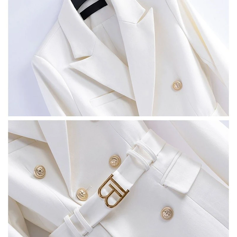 2024 New Spring Autumn Mid-Length Women\'s Suit Dress Fashion Jackets Button Slim Belt Notched Casual Blazer Coats White Outwear