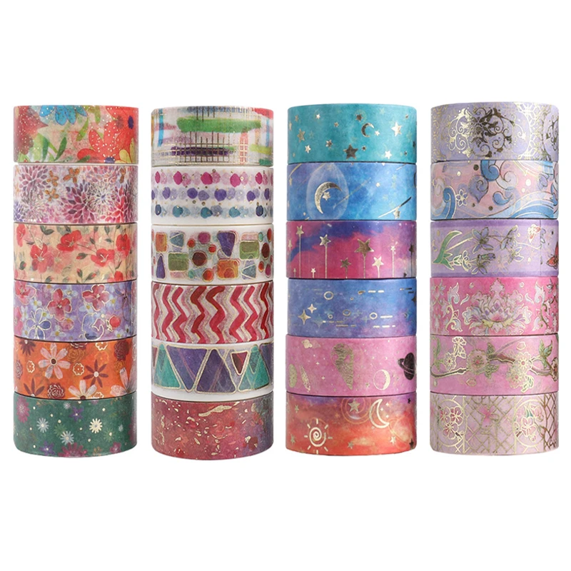 12 rollos de cinta Washi dorada de flores Kawaii, cinta adhesiva decorativa, pegatina para álbum de recortes, diario, papelería